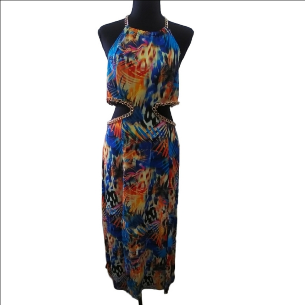 Tropical Vibrant Multi Colored Cutout Chain Link Maxi Halter Dress- Size Large - Picture 1 of 12